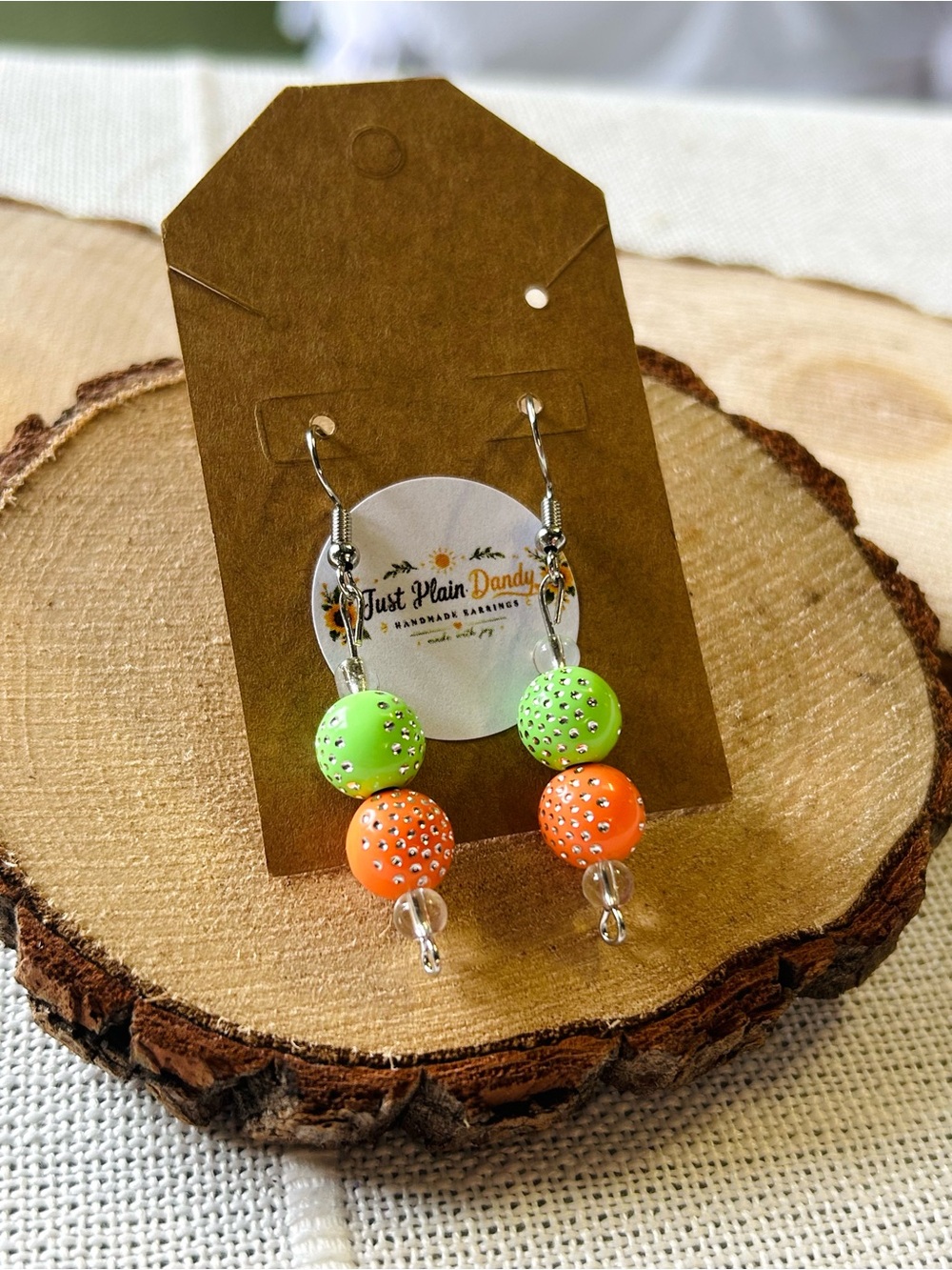 Handmade Neon Green Orange Rhinestone Beaded Earrings Retro Fun NWT